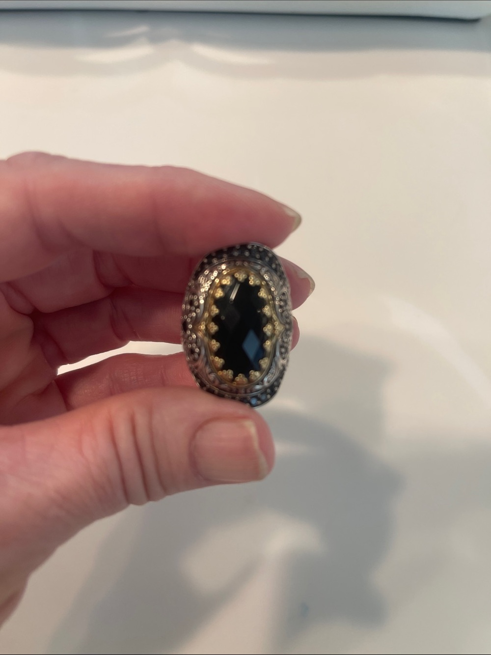 Konstantino Black and Sterling Silver Filigree Oval Ring with 14k Gold Accents